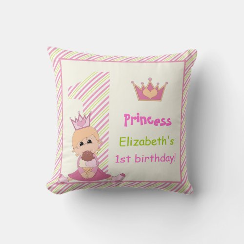 Little princess and crown girls 1st birthday pink throw pillow