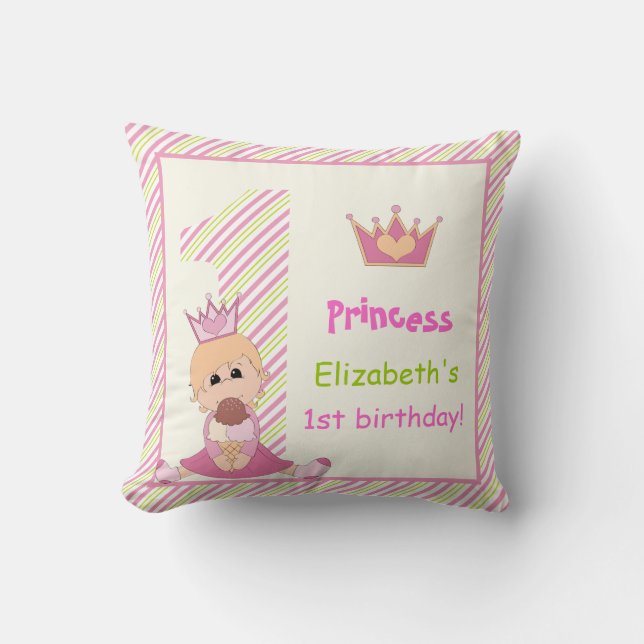 Little princess and crown girls 1st birthday pink throw pillow (Front)
