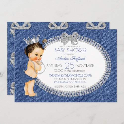 Little Princess Baby Girl Denim  Diamonds Bows Invitation