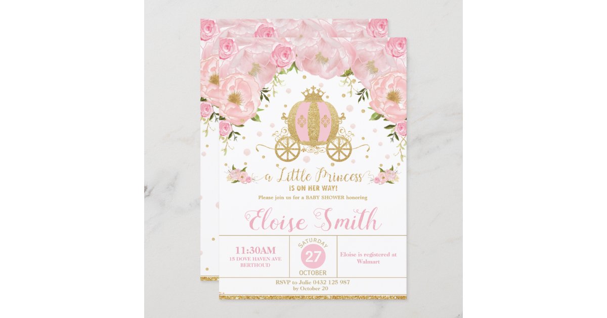 Little Princess Baby Shower Carriage Pink Floral Invitation | Zazzle