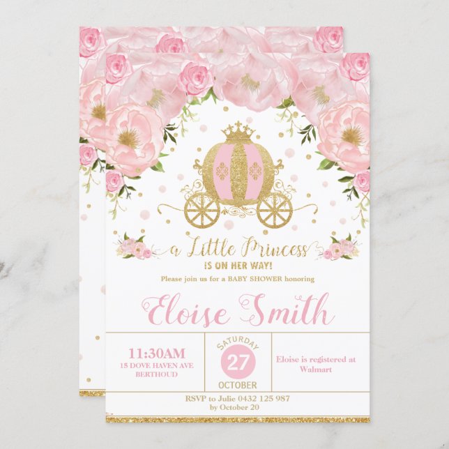 Little Princess Baby Shower Carriage Pink Floral Invitation (Front/Back)