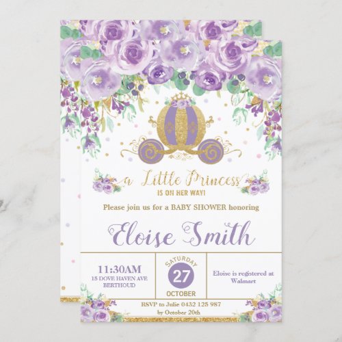 Little Princess Baby Shower Carriage Purple Floral Invitation