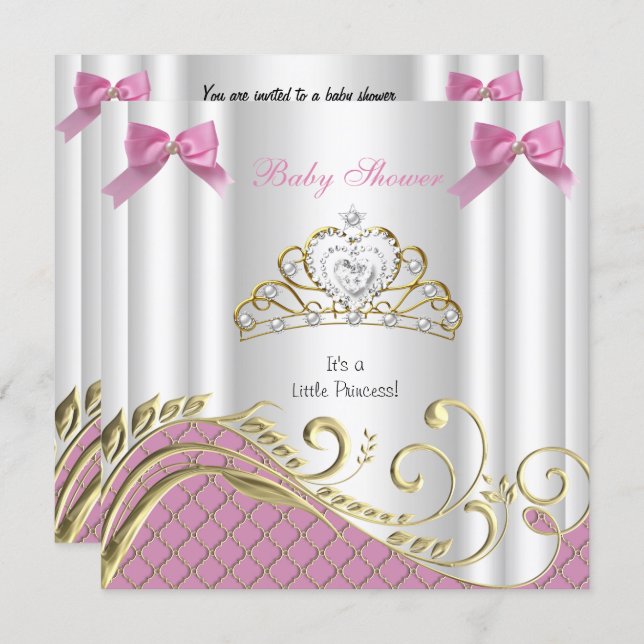 Little Princess Baby Shower Girl Pink White Gold 3 Invitation (Front/Back)