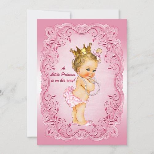 Little Princess Baby Shower Gold Crown Pink Frame Invitation