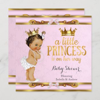 Little Princess Baby Shower Pink Gold Brunette Invitation by VintageBabyShop at Zazzle