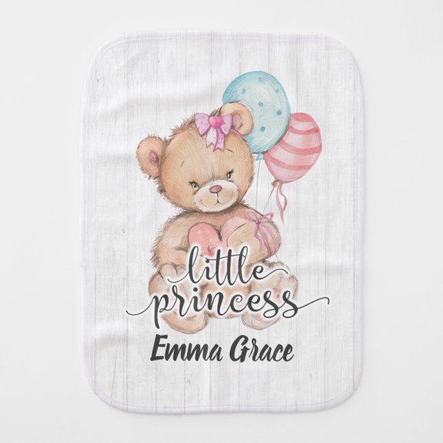 Little Princess Balloons & Teddy Bear Baby Girl Baby Burp Cloth (Front)