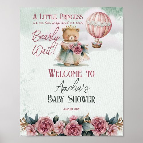Little Princess Bear Bearly Wait Girl Baby Shower Poster