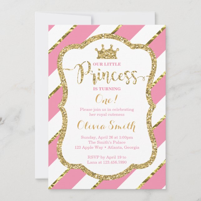 Little Princess Birthday Invitation in Pink & Gold (Front)
