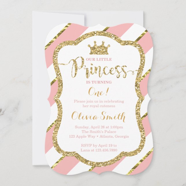 Little Princess Birthday Invitation in Pink & Gold (Front)