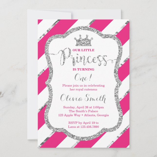 Little Princess Birthday Invitation Pink Silver (Front)