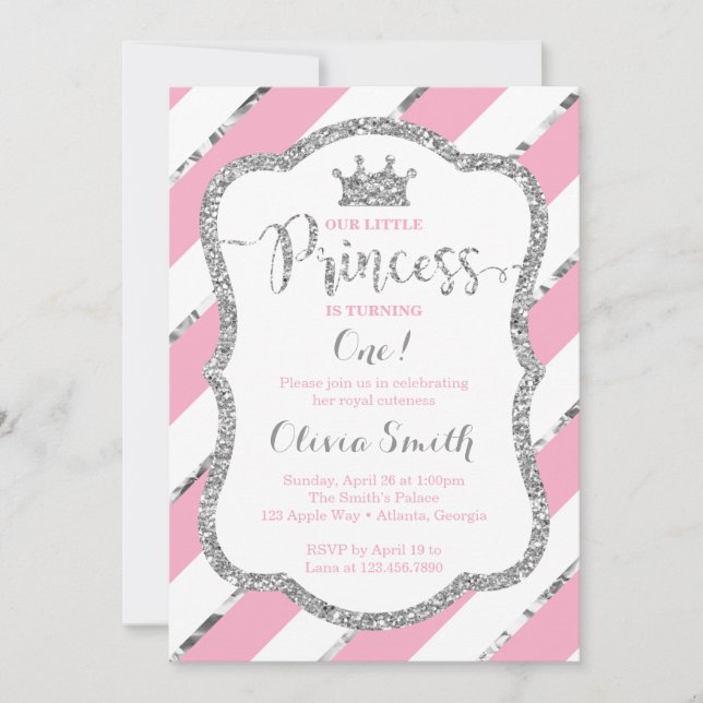 Little Princess Birthday Invitation Pink & Silver (Front)