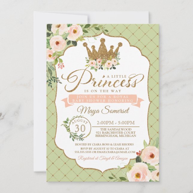 Little Princess Blush Mint Gold Royal Baby Shower Invitation (Front)