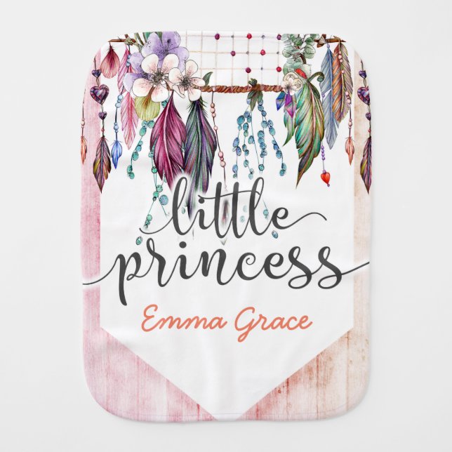Little Princess Boho Chic Dreamcatcher Baby Girl Burp Cloth (Front)