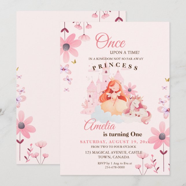  Little Princess Castle Flower Birthday  Invitation (Front/Back)