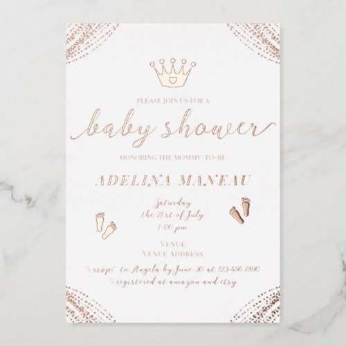 Little Princess Crown Floral Girl Boy Baby Shower  Foil Invitation