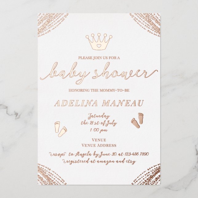Little Princess Crown Floral Girl Boy Baby Shower  Foil Invitation (Front)