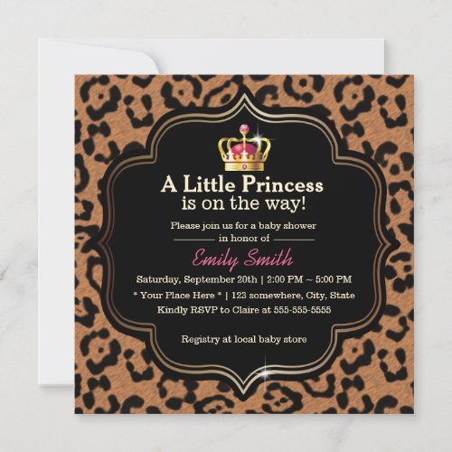 Little Princess Crown Leopard Print Baby Shower 5.25x5.25 Square Paper Invitation Car...