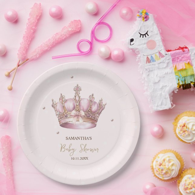 Little Princess Crown Pearls Dots Baby Shower Paper Plates (Party)