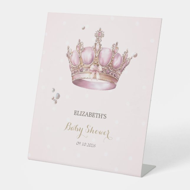 Little Princess Crown Pearls Dots Baby Shower Pedestal Sign (Front)