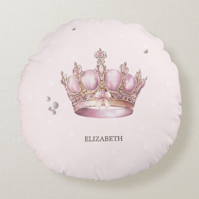 Little Princess Crown Pearls Dots Baby Shower Round Pillow (Front)