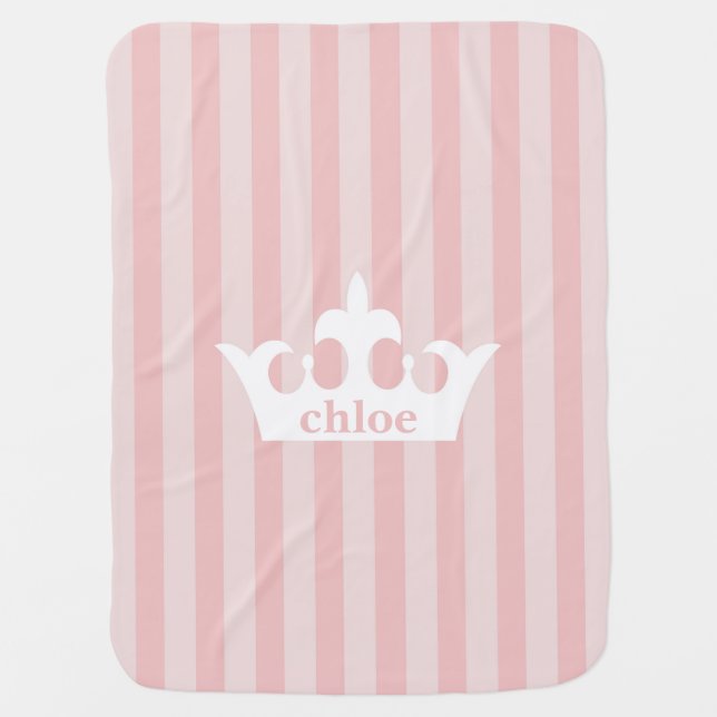Little Princess Crown Pink Striped Baby Blanket (Front)