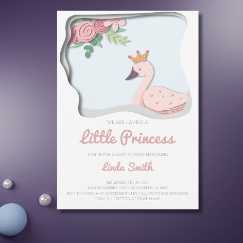 Little Princess Cute Swan Floral Girl Baby Shower Invitation