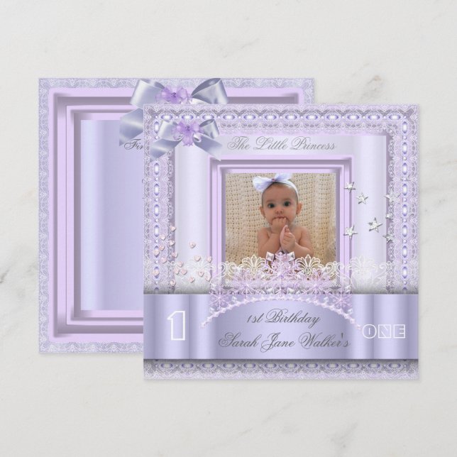 Little Princess First Birthday Party Photo Lilac 2 Invitation (Front/Back)