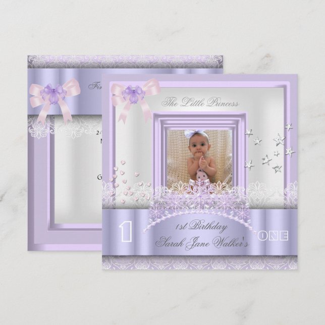 Little Princess First Birthday Party Photo Purple Invitation (Front/Back)