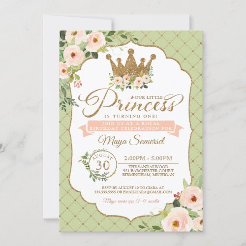 Little Princess Floral Blush  Mint Royal Birthday Invitation