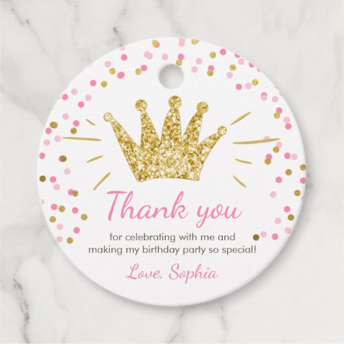 Little Princess Girl Birthday Pink Gold Crown Favor Tags