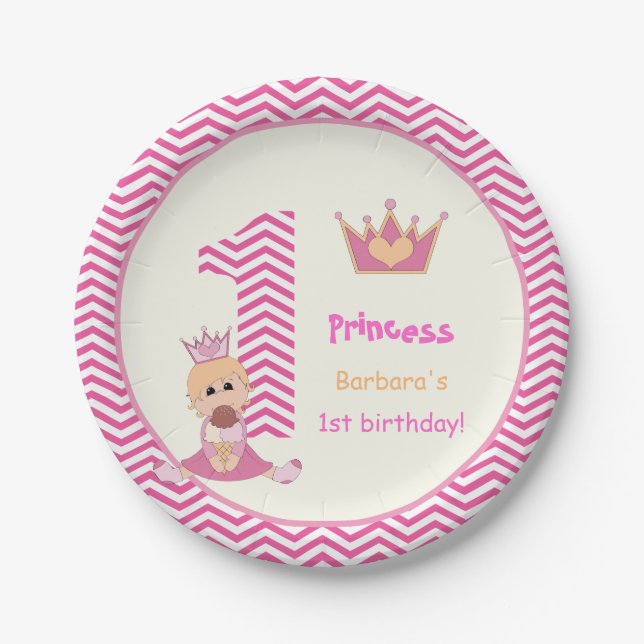 Little princess girls 1st birthday chevron border paper plates (Front)