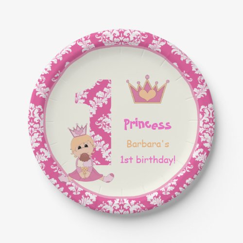 Little princess girls 1st birthday hot pink damask paper plates