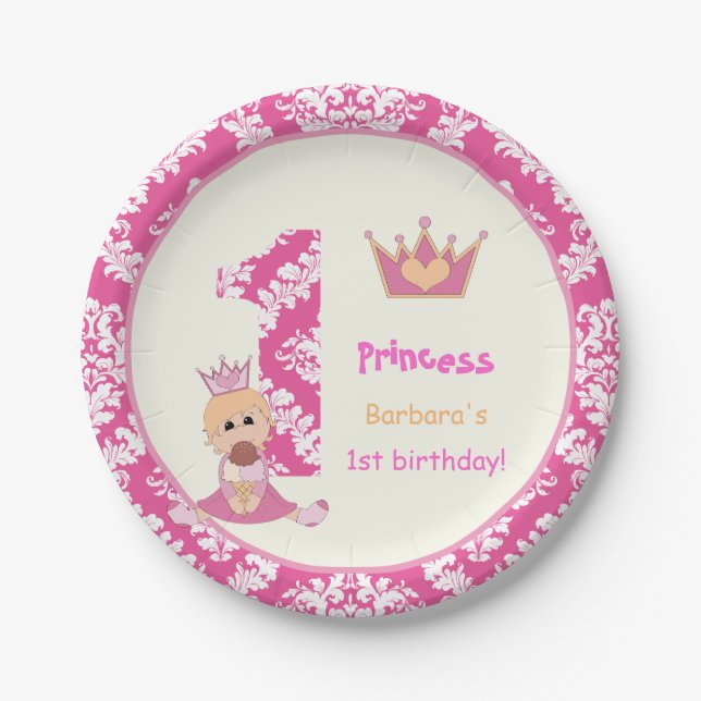 Little princess girls 1st birthday hot pink damask paper plates (Front)