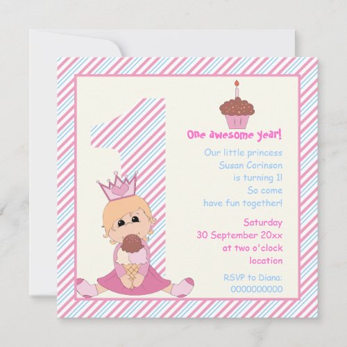 Little princess girls 1st birthday pink blue invitation