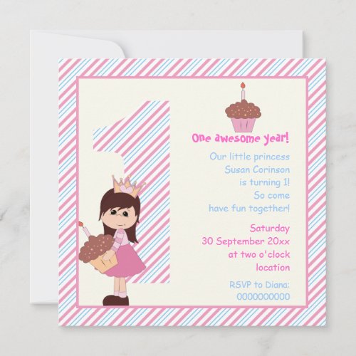 Little princess girls 1st birthday pink blue invitation