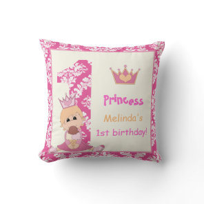 Little princess, girls 1st birthday pink damask throw pillow
