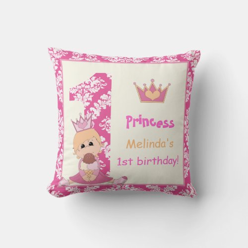 Little princess girls 1st birthday pink damask throw pillow