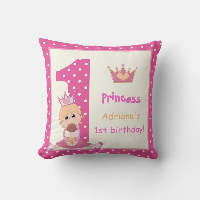 Little princess, girls 1st birthday pink polka dot throw pillow (Front)