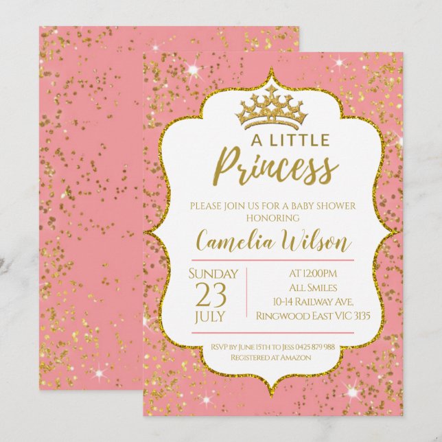 Little Princess Gold Crown Pink Baby Shower Invita Invitation (Front/Back)