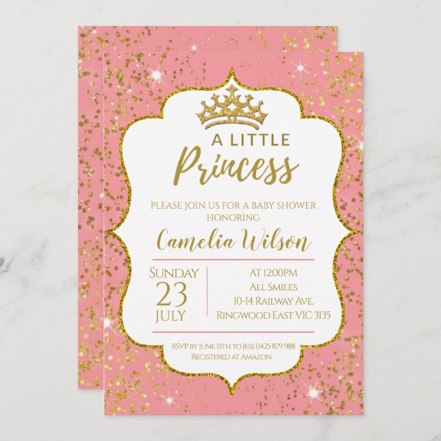 Little Princess Gold Crown Pink Baby Shower Invitation (Front/Back)