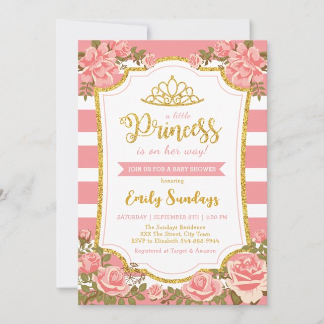 Little Princess Gold Crown Pink Floral Baby Shower Invitation (Front)