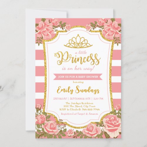 Little Princess Gold Crown Pink Floral Baby Shower Invitation