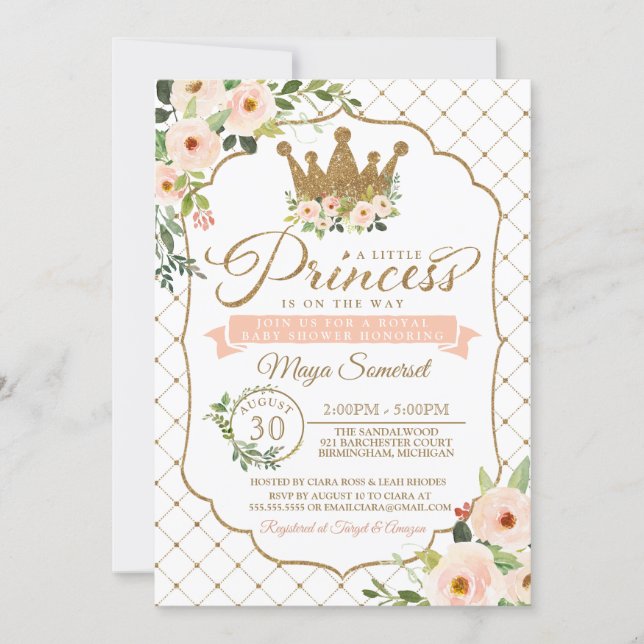 Little Princess  Gold Floral Royal Baby Shower Invitation (Front)