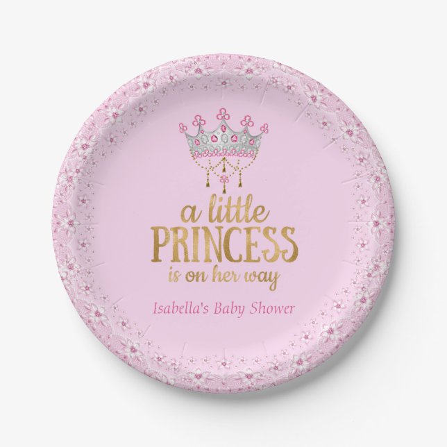 Little Princess on her way Pink Gold Tiara Party Paper Plates (Front)