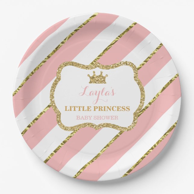 Little Princess Paper Plate, Pink, Gold Glitter Paper Plates (Front)