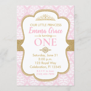 Little Princess Pink and Gold First Birthday Invitation