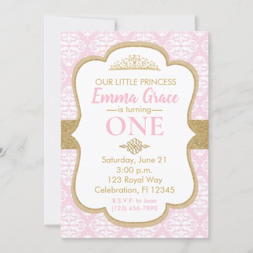 Little Princess Pink and Gold First Birthday Invitation