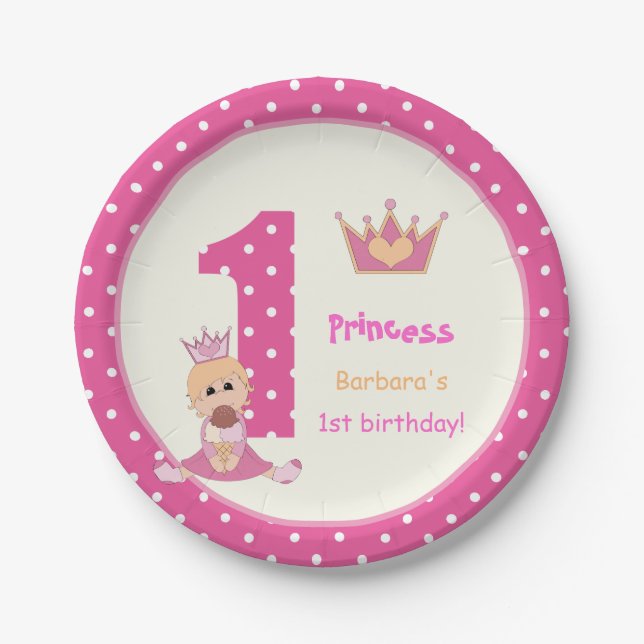 Little princess pink polka dot girls 1st birthday paper plates (Front)