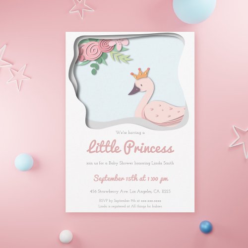 Little Princess Pink Swan Floral Girl Baby Shower Invitation