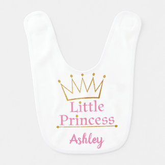 Little Princess Pink text and Gold Crown Baby Bib